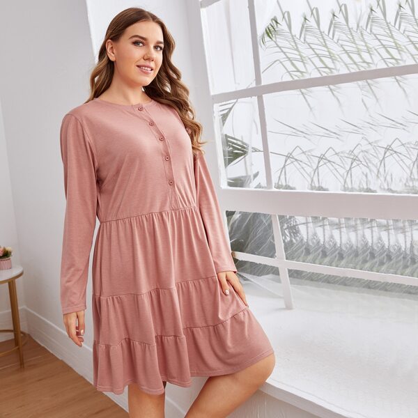 

Plus Button Front Ruffle Hem Babydoll Dress, Dusty pink