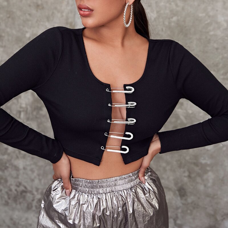 

Pin Front Rib-knit Crop Top, Black