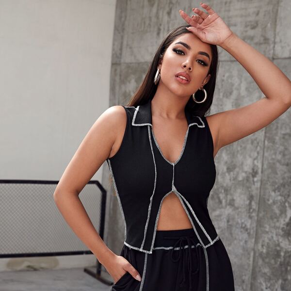 

V-neck Collared Stitch Detail Split Hem Tank Top, Black