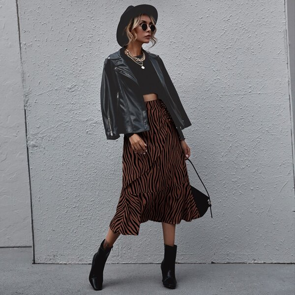 

Zebra Stripe Tie Side Ruffle Hem Skirt, Coffee brown