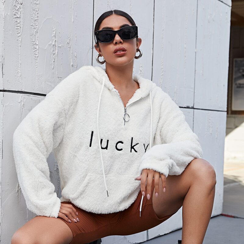 

Letter Embroidered Pocket Front Teddy Hoodie, White