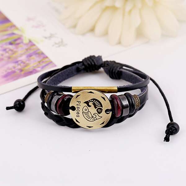 

Men Zodiac Sign Design Round Decor Bracelet, Black