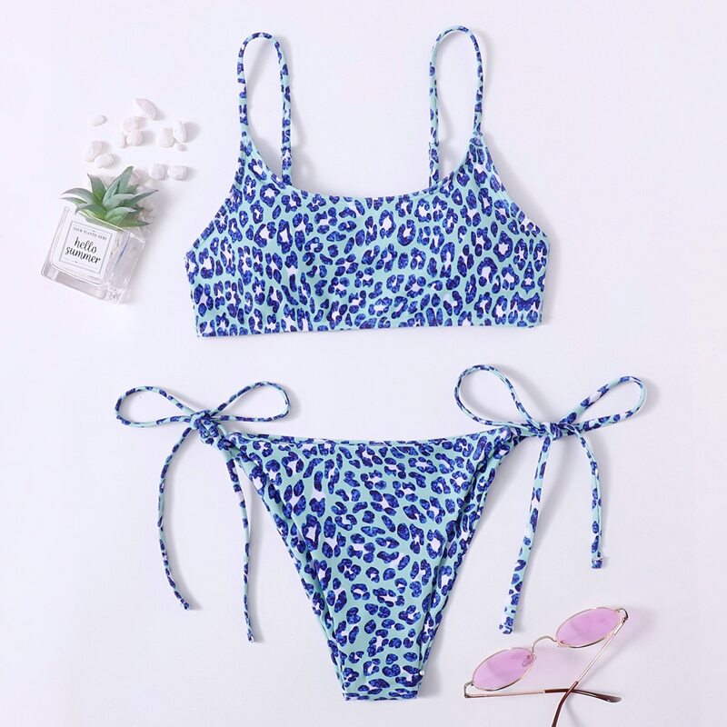 

Leopard Tie Side Bikini Swimsuit, Blue