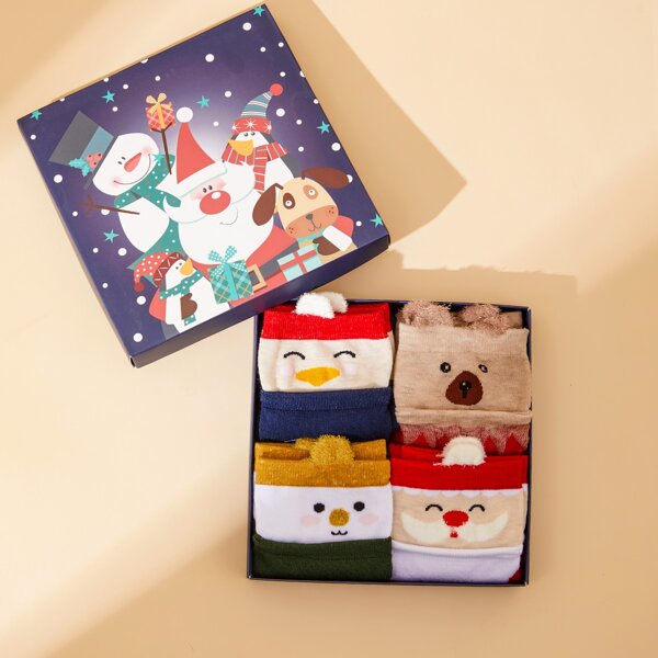

4pairs Christmas Pattern Socks With Case, Multicolor