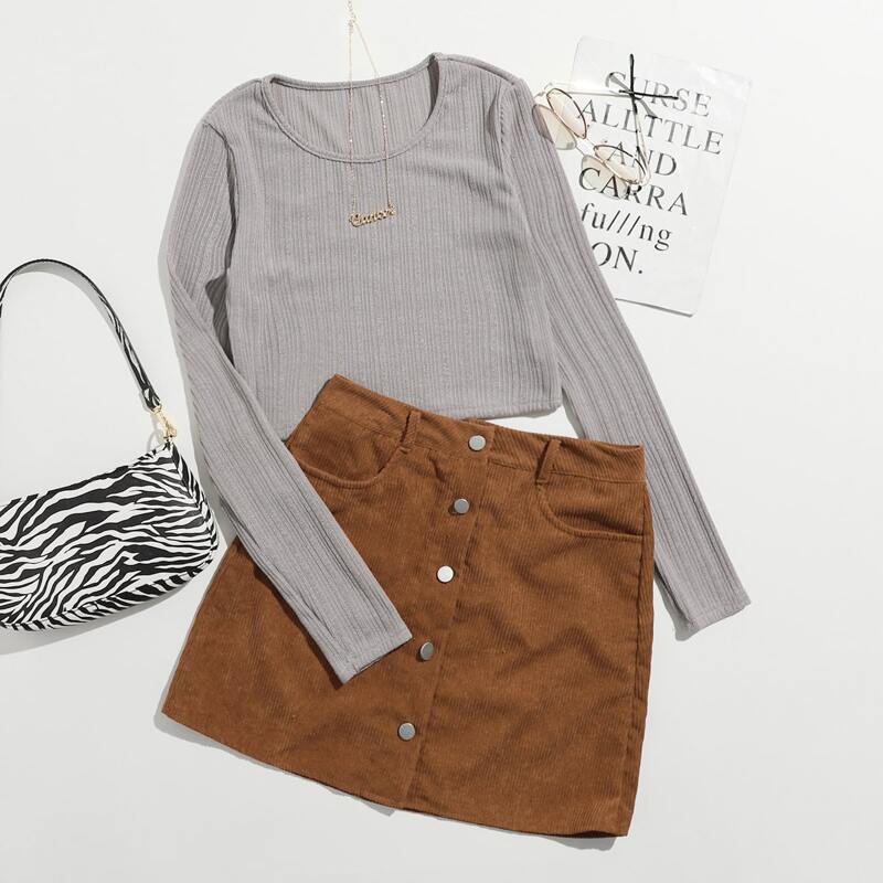 

Solid Tee & Corduroy Skirt, Multicolor
