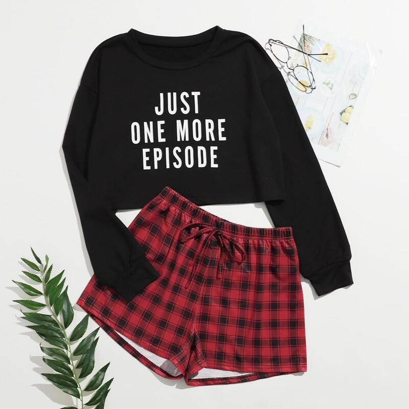 

Slogan Graphic Sweatshirt & Plaid Shorts PJ Set, Multicolor