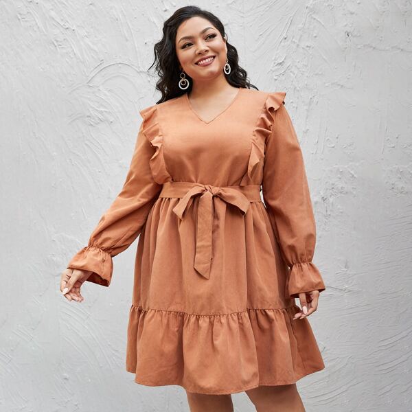 

Plus Ruffle Trim Belted Suede Dress, Burnt orange