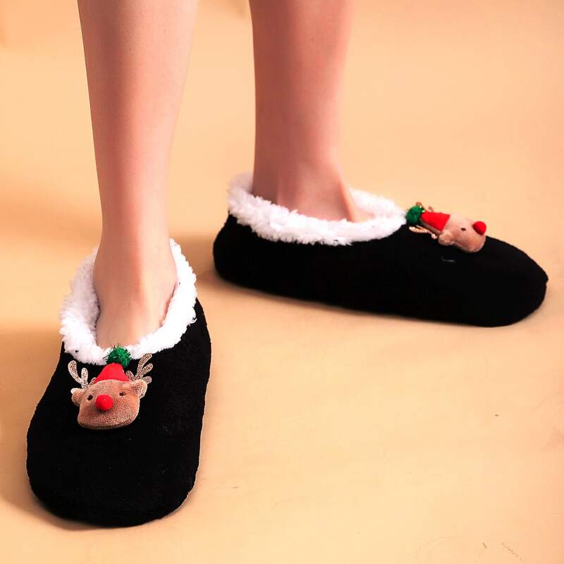 

Cartoon Deer Decor Slippers, Black