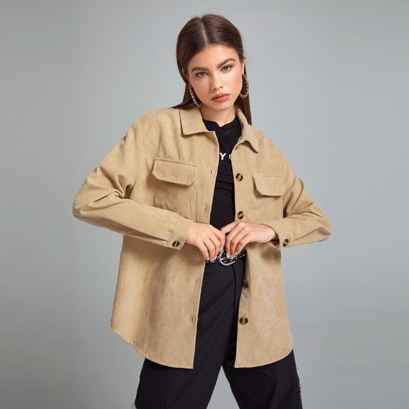 

Solid Corduroy Button Front Pocket Overshirt, Khaki