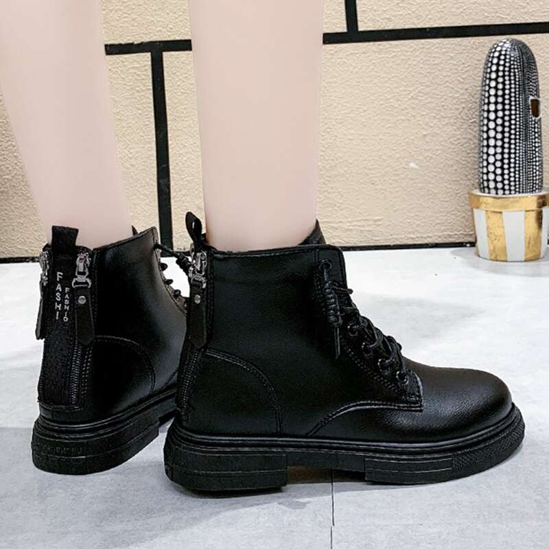 

Back Zip Lace-up Combat Boots, Black