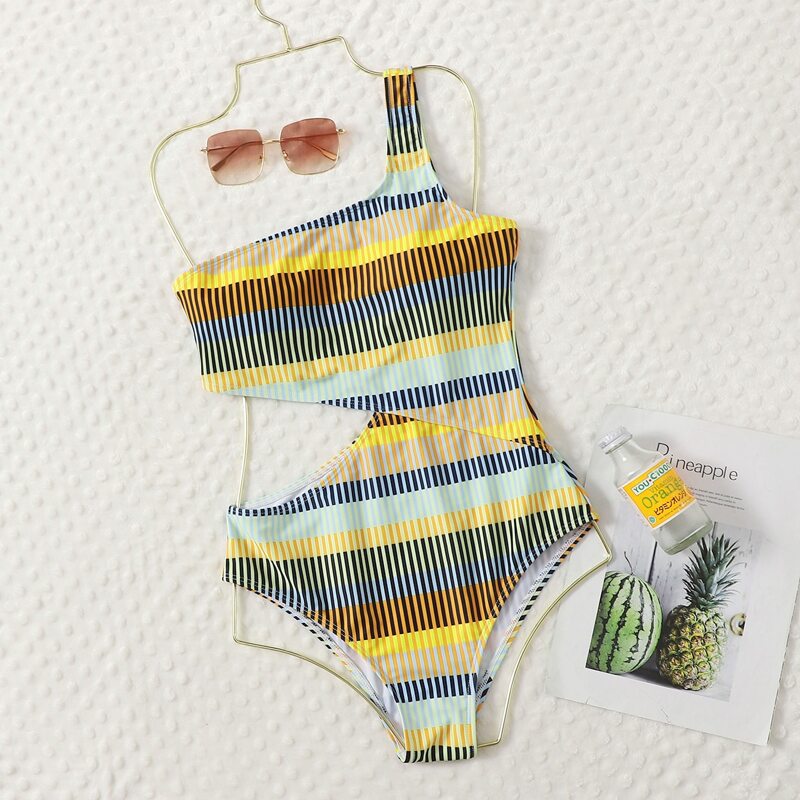 

Stripe Cut-out One Shoulder One Piece Swimsuit, Multicolor