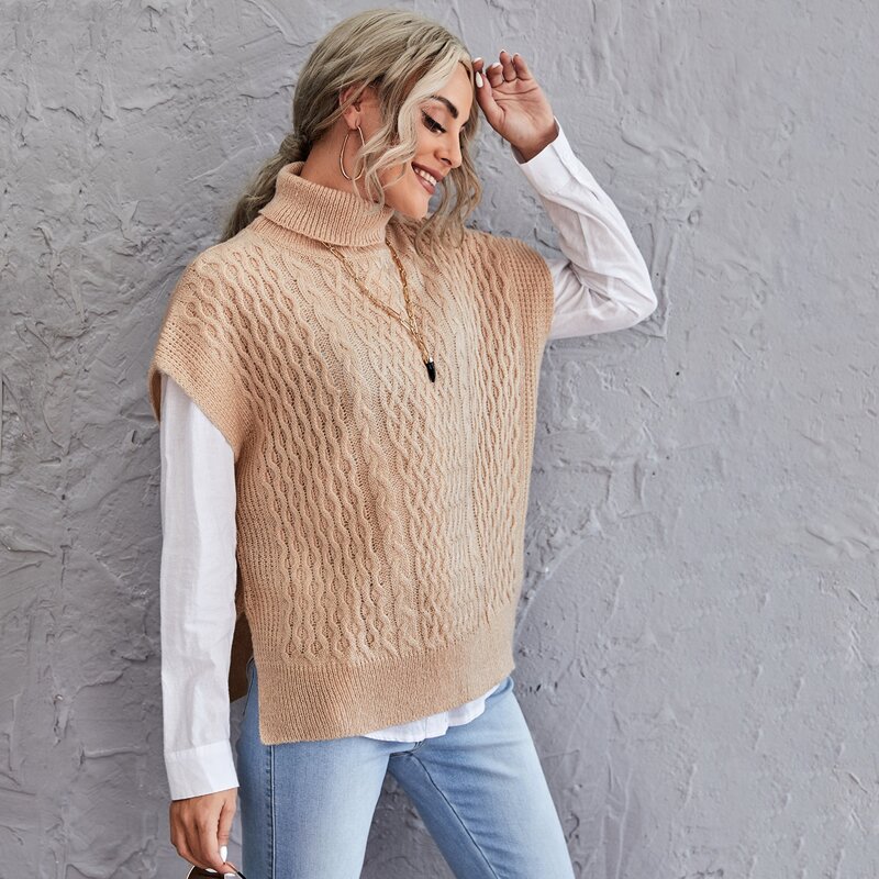 

Turtle Neck Cable Knit Sweater Vest, Apricot