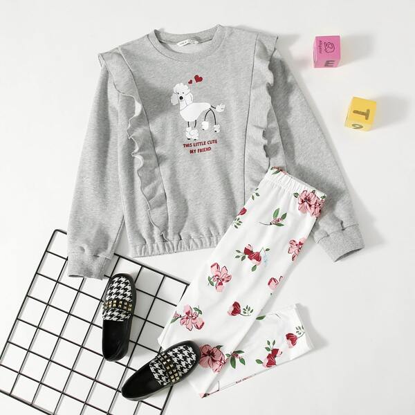 

Girls Sheep and Slogan Graphic Ruffle Pullover and Leggings Set, Multicolor