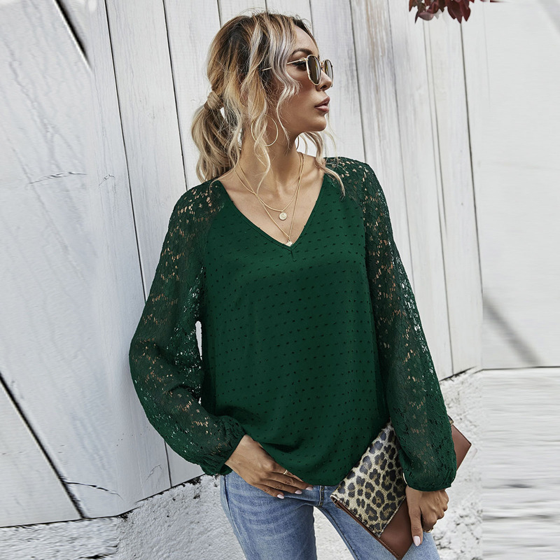 

Contrast Lace Raglan Sleeve Blouse, Dark green