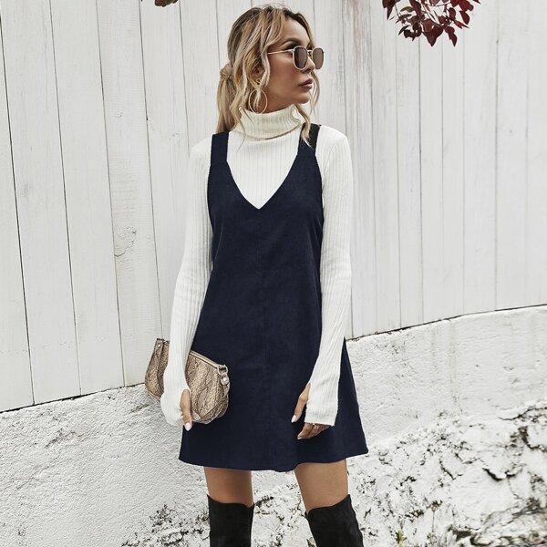 

Corduroy Solid Overall Dress Without Sweater, Navy blue