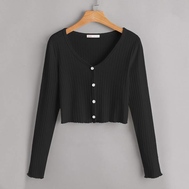 

Solid Button Front Ribbed Crop Tee, Black