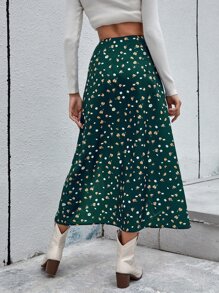 SHEIN Frenchy Váy Tách cao Họa tiết hoa Boho - Màu xanh lá cây đậm - Xem 2