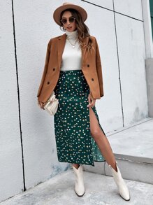 SHEIN Frenchy Váy Tách cao Họa tiết hoa Boho - Màu xanh lá cây đậm - Xem 4