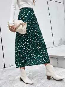 SHEIN Frenchy Váy Tách cao Họa tiết hoa Boho - Màu xanh lá cây đậm - Xem 5