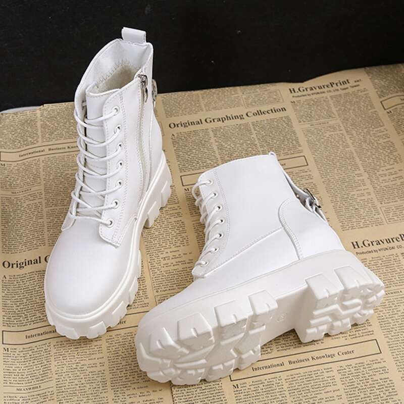 

Buckle Decor Lace-up Combat Boots, White