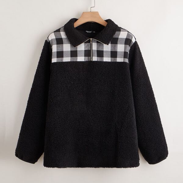 

Plus Gingham Panel Teddy Sweatshirt, Black