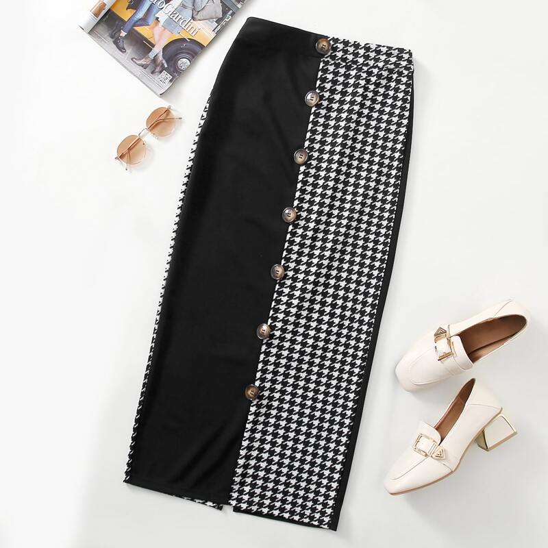 

Houndstooth Panel Button Front Skirt, Black and white