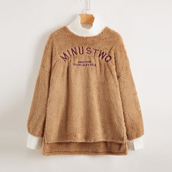 

High Neck Asymmetrical Hem Slogan Embroidered Teddy Pullover, Khaki