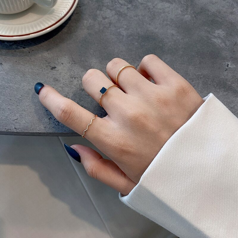 

3pcs Square & Scallop Decor Ring, Gold