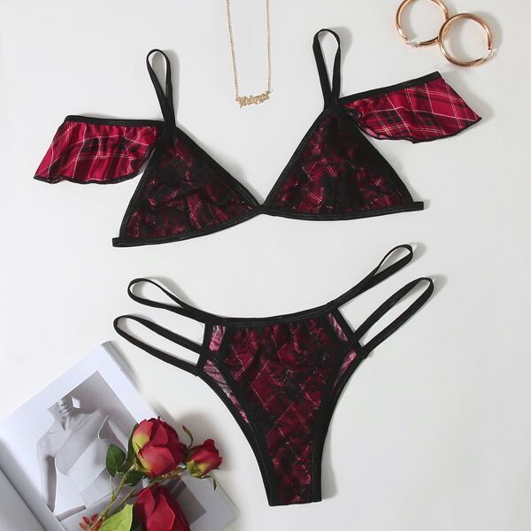 

Plus Plaid Lace Panel Cut-out Lingerie Set, Multicolor