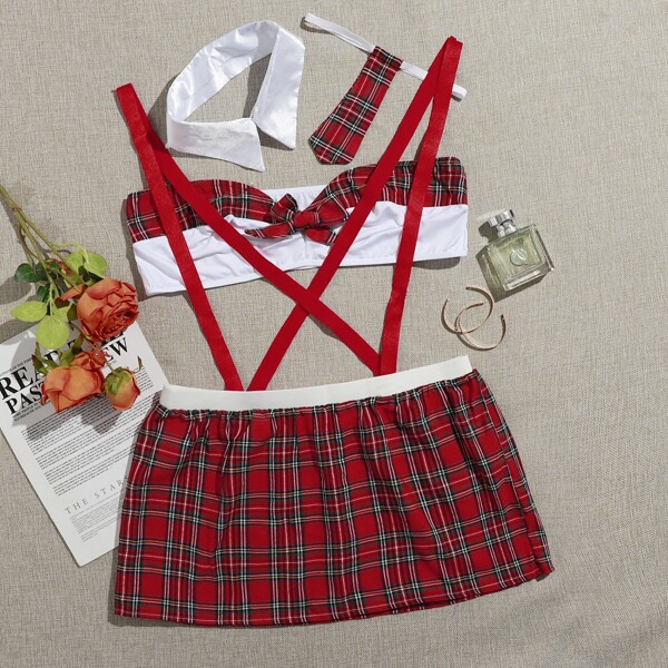 

4pack Plus Christmas Tartan School Costume Set, Red and white