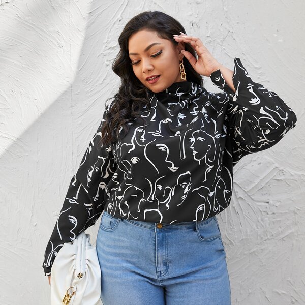 

Plus Abstract Figure Print Stand Collar Blouse, Black