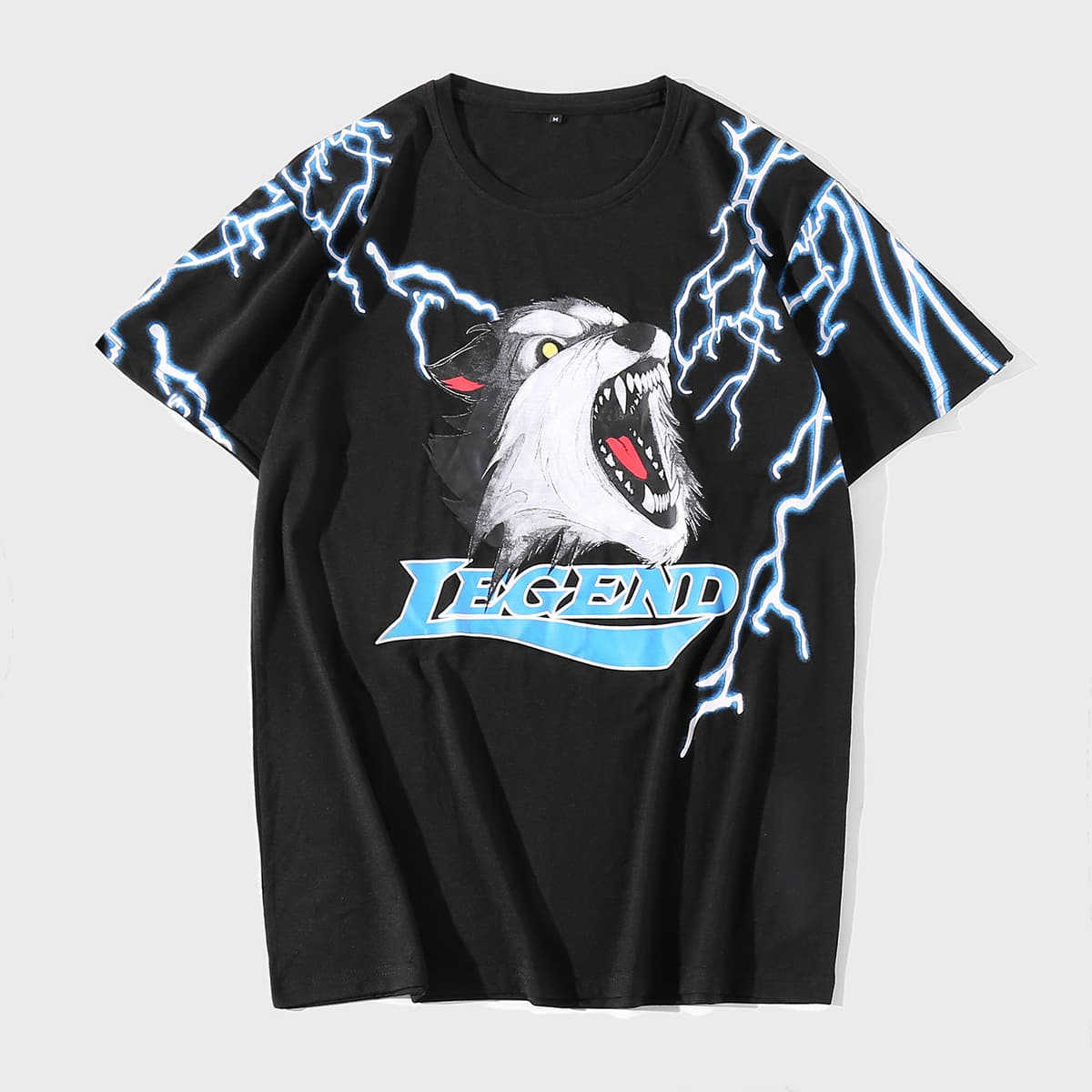 

Men Lightning & Wolf Print Tee, Black