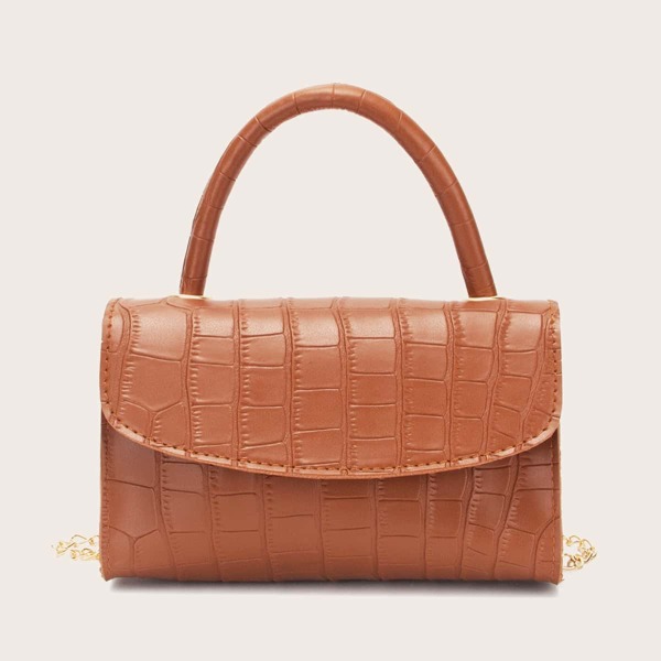 

Croc Embossed Chain Satchel Bag, Brown
