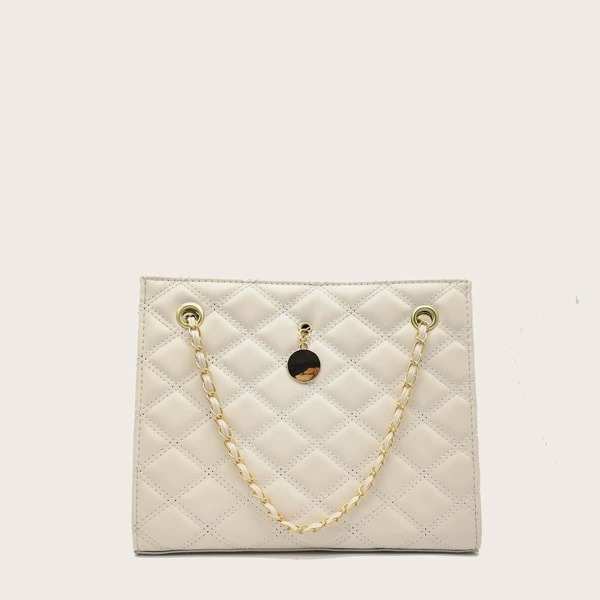 

Metal Decor Quilted Shoulder Bag, Beige