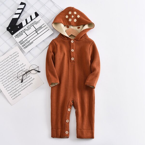 

Baby Unisex Polka Dot Pattern Button Front Hooded Knit Jumpsuit, Rust brown