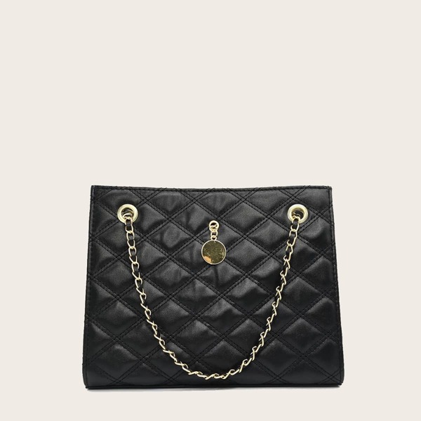 

Metal Decor Quilted Shoulder Bag, Black