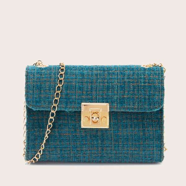 

Metal Lock Chain Tweed Square Bag, Green