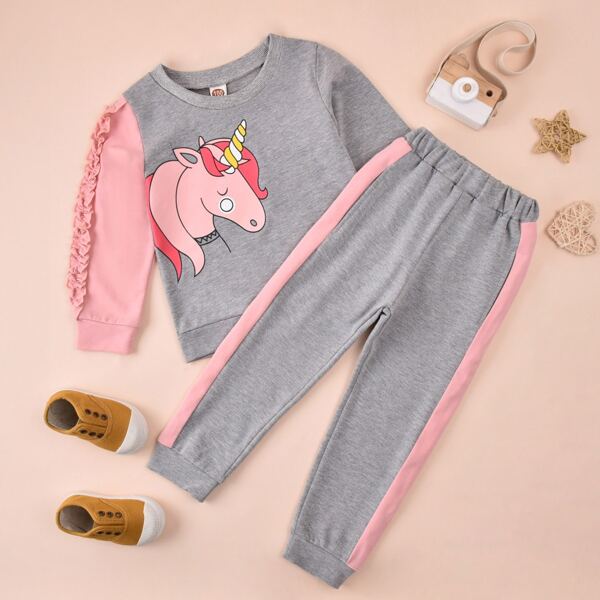 

Toddler Girls Cartoon Graphic Sweatshirt With Color Block Sweatpants, Grey