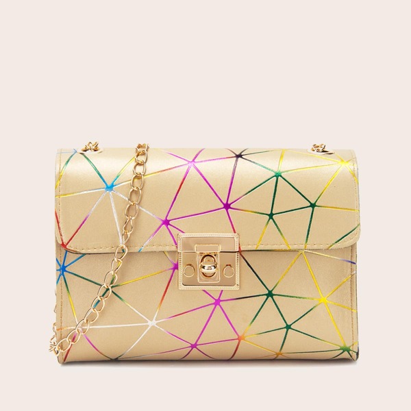 

Metal Lock Geometric Pattern Square Bag, Gold