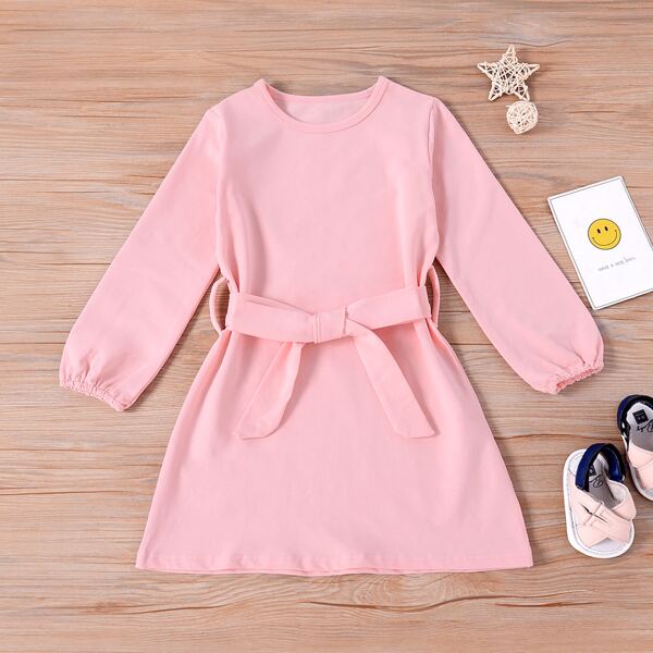 

Toddler Girls Bishop Sleeve Belted Dress, Baby pink