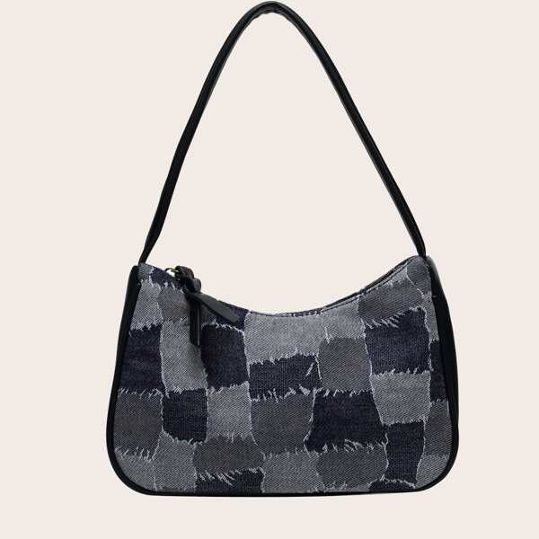 

Color Block Denim Shoulder Bag, Multicolor