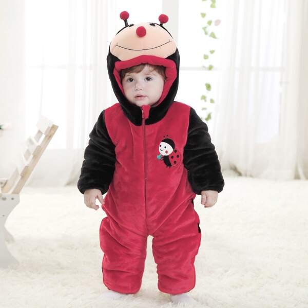 

Baby Boy 3D Ears Cartoon Embroidery Flannel Hooded Jumpsuit, Multicolor