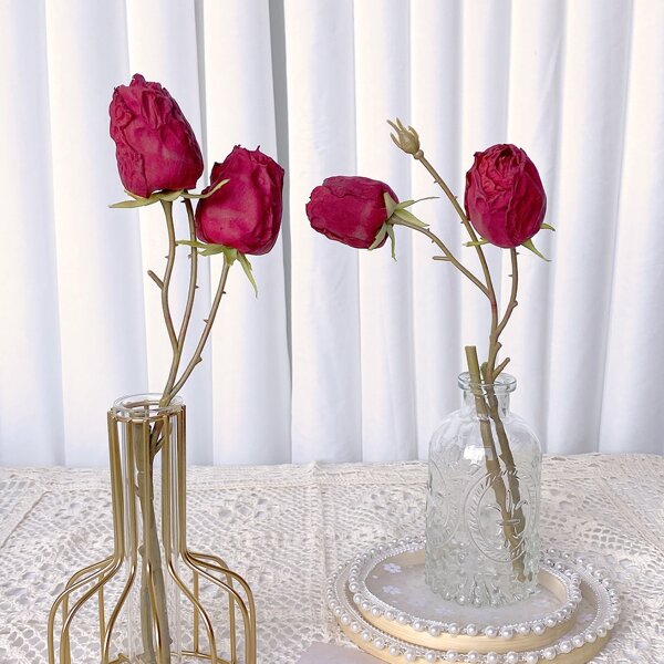 

1bunch Artificial Rose With 2pcs Head, Red