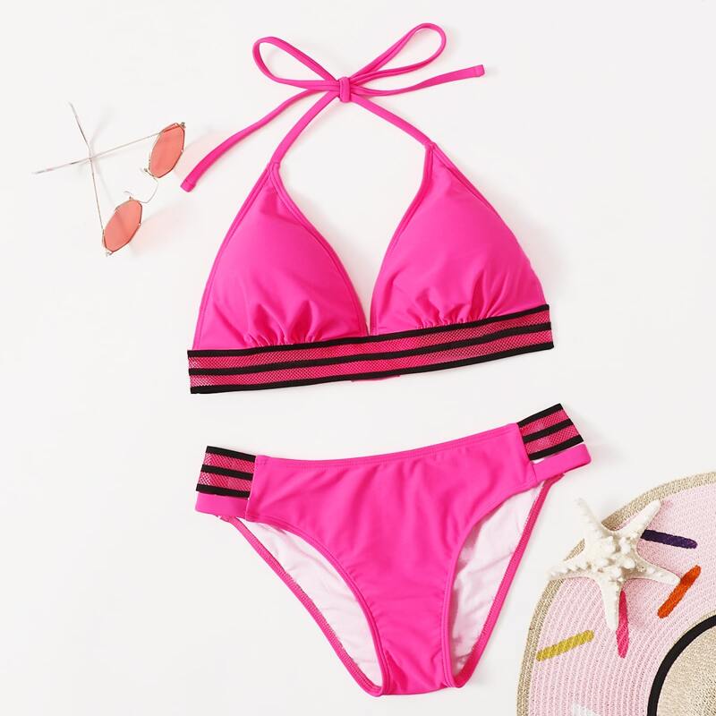 

Stripe Contrast Mesh Halter Bikini Swimsuit, Hot pink