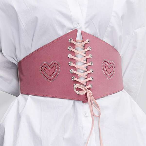 

Rhinestone Heart Decor Corset Belt, Pink