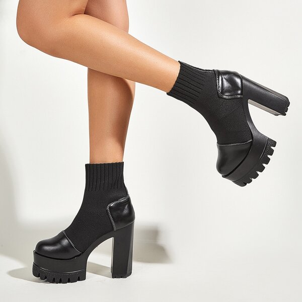 

Chunky Heeled Platform Knit Ankle Boots, Black