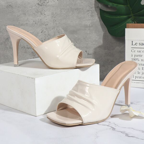 

Ruched Stiletto Heeled Mules, Beige