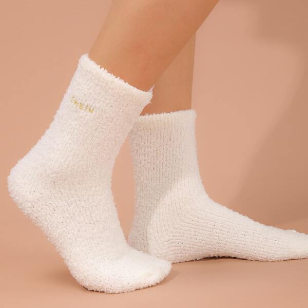 

Letter Embroidered Fuzzy Socks, White