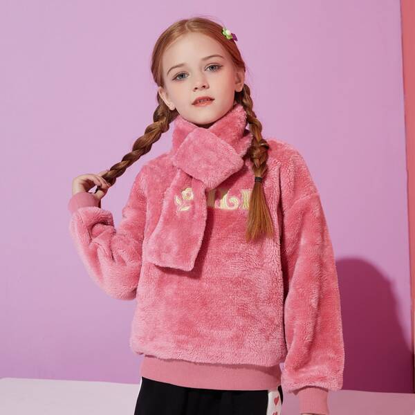 

Girls Embroidery Teddy Sweatshirt With Scarf, Watermelon pink