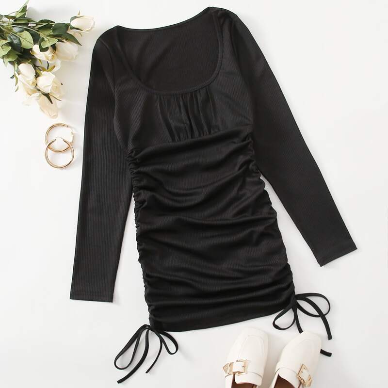 

Solid Ruched Bust Drawstring Dress, Black